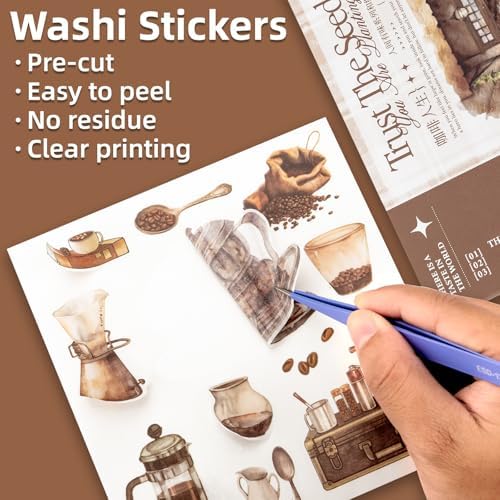 Coffee Themes Sticker Scrapbooking Supplies for Junk Journal, 50 Sheets Washi Stickers - Vintage Journaling Stickers, Ephemera Sticker Book Pre Cut(TZ-005-008)