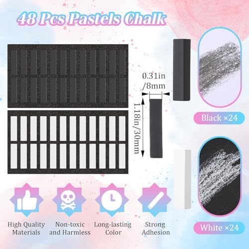 Watersay 48 Pcs Soft Chalk Pastels Set Soft Pastel for Artists Square Sketch Chalk Non-toxic Artist Pastel Sticks for Professional Artists Students and Art Lovers(White,Black,30×8×8mm)