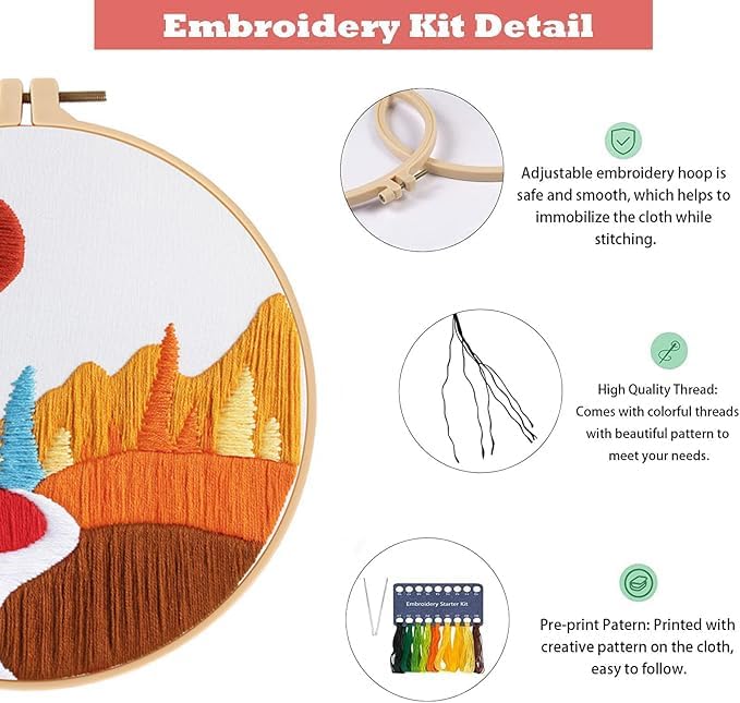 GLTAYLMY Embroidery Kits for Beginners Adults, Stamped Cross Stitch Kits for Adult Beginners Embroidery Starter Kit with Pattern, 3 Embroidery Hoop and Fabric, Needles Threads