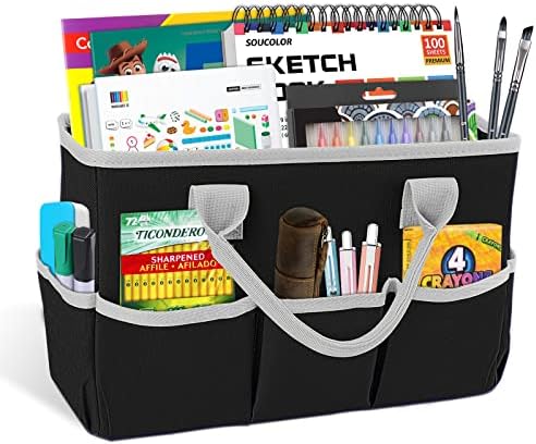 Desktop Tote and Stock Organizer, Teacher Helper Tote Bag Organization for Arts, Books, Stationery, Office Desk Organizer, Make-up Storage Tote with Handles for Travel, Black-Gray