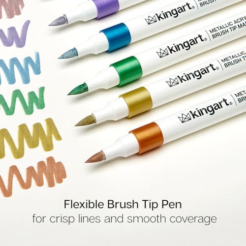 KINGART 24 Metallic Colors Acrylic Paint Markers, Brush Tip Pens for Stone, Wood, Calligraphy, Canvas, Ceramic, Metal, Glass, Rock Painting, DIY Crafts Art Supplies Kit