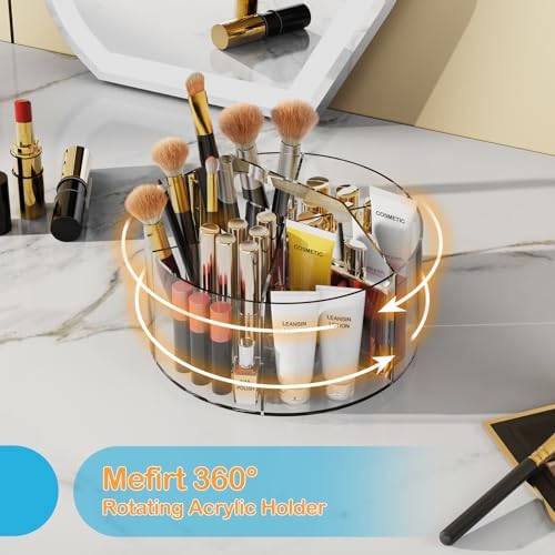 Mefirt Acrylic Pen Holder, 360 Degree Rotating Pen Organizer, Rotating Desk Acrylic Office Organizer with 6 Compartments, Marker Organizer for Kid, Crayon Caddy School Art Supply Storage Organizer