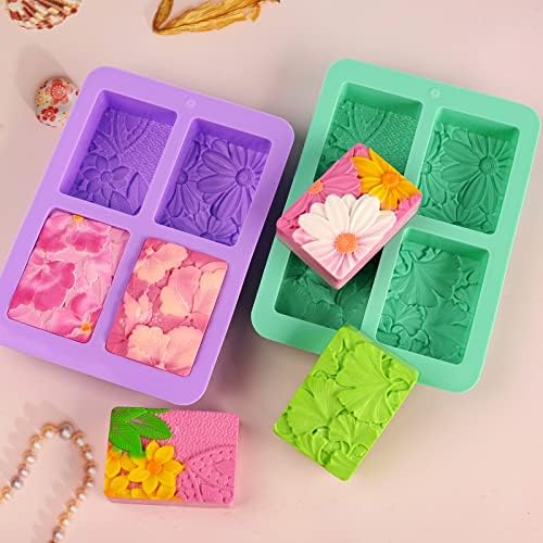 HUAKENER 2 Pack Silicone Soap Molds, Rectangle Soap Making Mold | 3D Rectangular Flower Pattern Silicone Molds for Handmade Soap, Bath Bombs, Candle, Chocolate