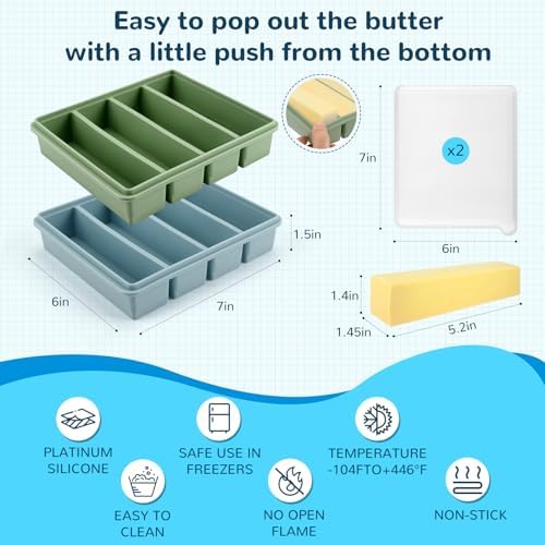 Silicone Butter Mold with Lid, Butter Mold for Homemade Butter, Non-Stick Tray Fits Standard Butter Stick Size, Large Cavity, Holds 8 Tablespoons, Stick Container for Energy Bar, Soap Bar, Pack of 2