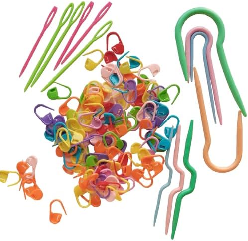 HONEYSEW 100 Knitting Stitch Counter Crochet Locking Markers and 7 U Shape Multicolor Bent Cable Stitch Holder Needles Plastic Twist Curved Hand Knitting Needles with 6 Large Blunt Knitting Needles