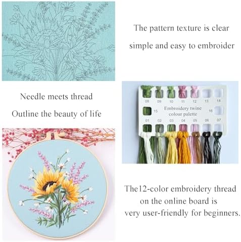 Silentsea Embroidery Kit – Sunny Sunflowers with Delicate Purple and White Floral Accents, Perfect for Beginners and Craft Lovers