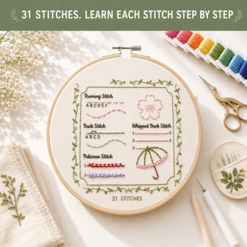 Cikeela Embroidery Stitch Book Beginner with Fabric Pages, 31 Essential Stitches in Structured Learning Order for Adults, DIY Sewing Kit with Floral Motifs, Practice Patterns EmbroideryStitch Book Kit