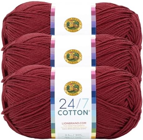 Lion Brand Yarn, 24/7 Cotton Mercerized Lightweight Yarn for Knitting, Crochet, and Crafts, Burgundy, 3 Pack, 185 Yards of Natural Fiber for Breathable Tops, Durable Bags, and Easy-Care Dish Cloths