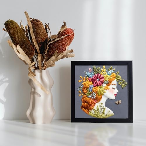 FONNUY Floral Women Embroidery Kit for Beginners, Colorful Long Hair Girl Pre-Stamped Pattern Kits for Adults with Hoop, Thread Needlework, 8'' Hoop (Gold)