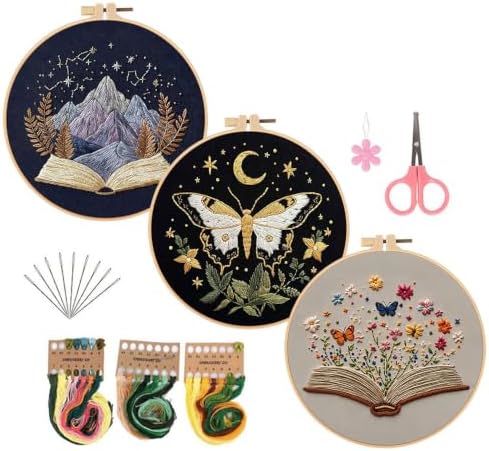 Konrisa Stamped Embroidery Kit with Butterfly Scenery Book Flower Pattern, Embroidery Starter Kit DIY Sewing Practice, Cross Stitch Kit,Set of 3