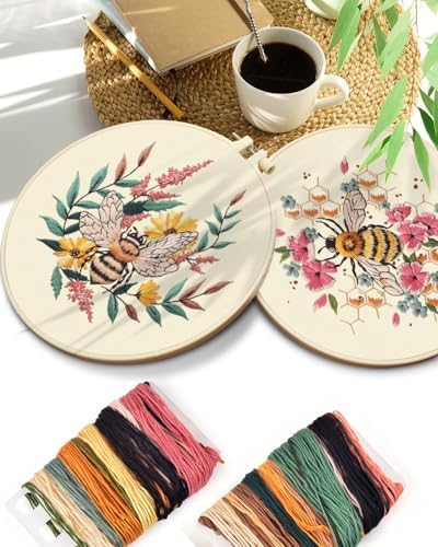 TINDTOP 2 Pack Embroidery Kit for Adult, Embroidery DIY Starter Kit, with Stamped Patterns, Hoop, Tools, Colorful Threads with Needles, Instructions (Bee)