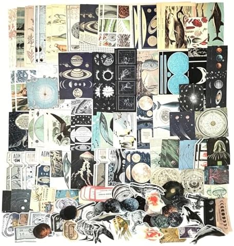 Esweny 200 Pieces Vintage Ephemera Scrapbooking Supplies Pack for Journaling, Decoupage Paper Scrapbook Stickers Kit for Junk Journal Planners Collage Craft Notebooks Album (Space and Sea)