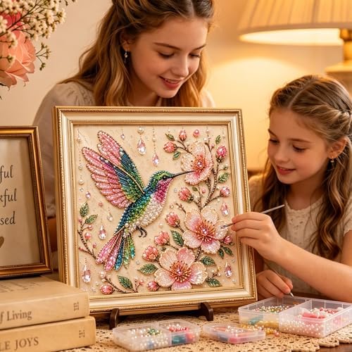 Pearl Art Kits for Adults Bird Flower DIY Beaded Embroidery Kits with Crystal Rhinestones Pearl Painting Craft Kit with Pre-Printed Canvas Handmade Home Wall Decor Gift (Hummingbird)