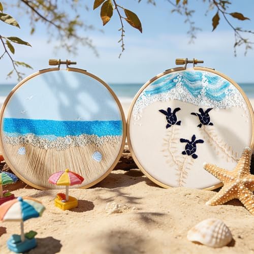 Embroidery Kit for Beginner Adults, Stamped Cross Stitch kits for Adults Beginners, Ocean Hand Embroidery Starter Needlepoint Kit, 2 Set Embroidery Supplies, 2 Hoops (Attached Teaching Video QR Code)
