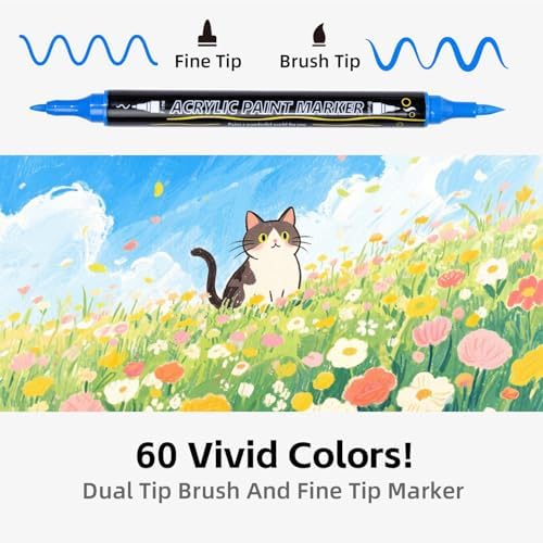 WINSONS 60 Colors Acrylic Paint Markers, Dual Tip with Fine Tip and Brush Tip Pens for Rock Painting Supplies, Canvas, Wood, Calligraphy, Metal, Ceramic, Glass, DIY Crafts Art Supplies Kit