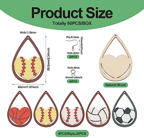 20pcs Sport Ball Earring Making Kits Football Basketball Rugby Wooden Charms 5 Styles Sport Ball Earring Pendants with Ear Hooks Jump Rings for DIY Jewelry Hanging Ornament Making
