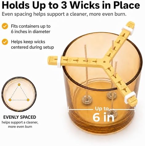 3-Wick Candle Holder | Wick Centering Tool | Includes 2 Sizes Wick Stickers (40 Large + 48 Small) + 1 Cotton Linen Bag | ABS Material for Better Heat Resistance