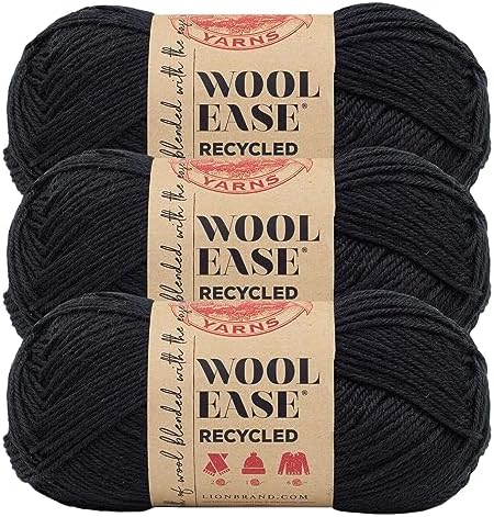 Lion Brand Yarn, Wool-Ease Recycled Crochet Yarn, Black, 3 Pack