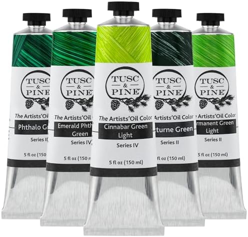 Tusc & Pine Artist Oil Paint - Set of 5, 150 ml, Vibrant Greens, 750 ml of Non-Yellowing, Creamy Consistency, Maximum Pigment Load, Small Batch Oil Paints Made in the USA for Professional Artists