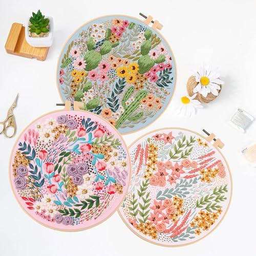LB Pink Floral Embroidery Kit for Beginners Adults, 3 Sets Hand Embroidery Starter Kit with Cactus Flower Pattern and Instructions Stamped Cross Stitch Kits Include Embroidery Hoop Needles Threads