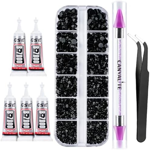 Canvalite 1500PCS Black Rhinestones Flat Back Gems, Nail Rhinestones Nail Art Gems with Pick Up Tweezers and Rhinestone Picker Dotting Pen, Nail Art Tools for Nails, Clothes, Face, Craft
