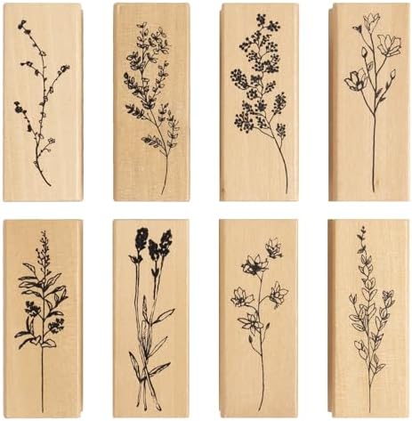 DIYOOHOMY 8 Pcs Wooden Rubber Floral Stamps Set, Vintage Flower Stamps for Crafting Tools Scrapbooking Card Making Journaling Clay Pottery Projects, Cute Ink Stamp Craft Kits for DIY Art Supplies