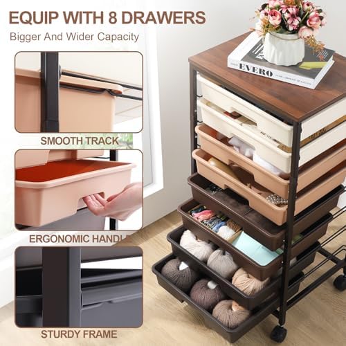 SYKIARIOL Rolling Cart with Drawers, 8 Drawers Utility Cart, Brown Gradient | Craft Organizers and Storage Cart with Wooden Top for Living Room,Classroom,Bedroom,Dorm,Home Office
