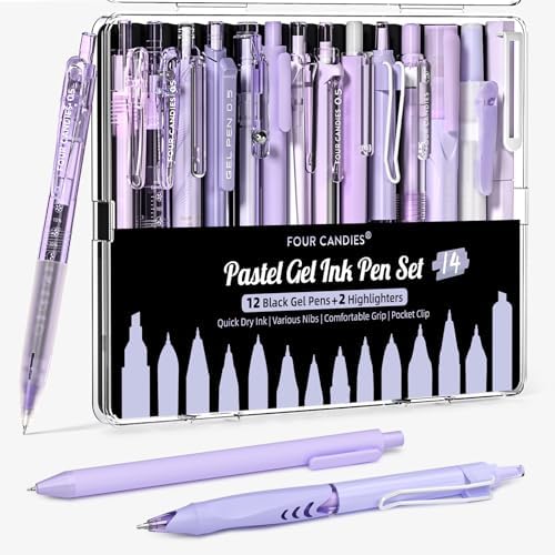 Four Candies Puple Pens, Black & Purple Ink, 0.5mm Pens, 2 Highlighter