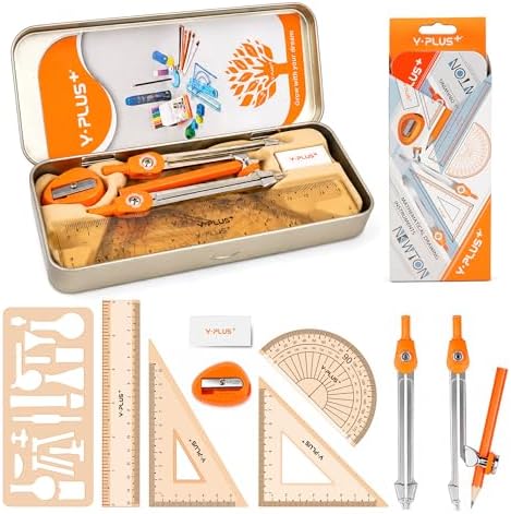 YPLUS Geometry Set, Protractor and Compass Set for Students, 11Pcs | Compass Drawing Tool with Metal Case, Protractor, Formula Card, Rulers, Mechanical Pen, School Supplies for Students