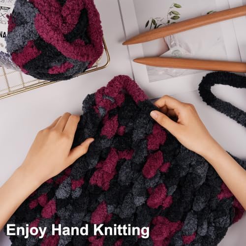 Chunky Yarn for Hand Knitting, #10 Chunky Blanket Chenille Yarn, Large Bulky Thick Jumbo Yarn, Super Chunky Knit Yarn for Crocheting, 8 Skein (8oz,20yds Each Skein), Tie Dye Grey&Black&Red
