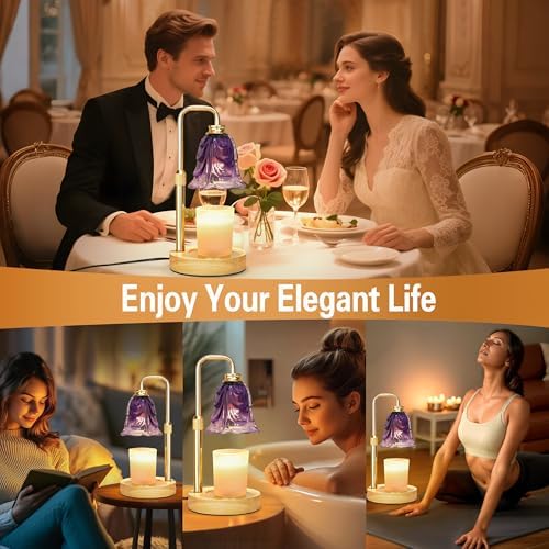 XJZJY Purple Flower Candle Warmer Lamp with Timer, Elegant Gifts for Women | Dimmable wax melt warmer with 2 bulbs for jar candles, height adjustable, Purple tulip design, home decor, housewarming gifts