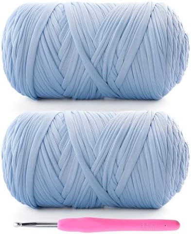 2 Pack Tshirt Yarn for Crochet - 800 g/260 yds T Shirt Yarn for Crocheting Bags/Baskets/Home Decor - Soft Elastic Fabric T-Shirt with 1 Crocheting Hook (2, Light Lake Blue)