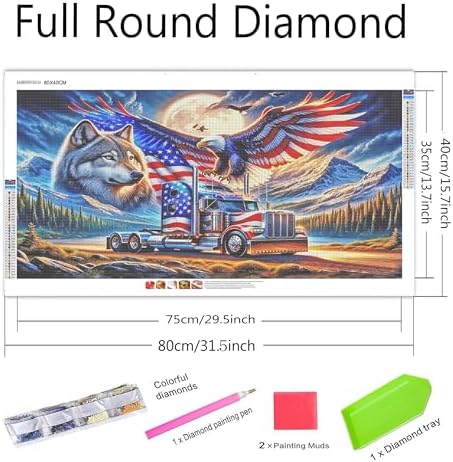 NFDPFUN Large Size American Eagle Diamond Art Kits for Adults,Wolf Diamond Painting Kit,Truck 5D DIY Diamond Mosaic Kits,Full Round Diamond Dots for Beginner,Art and Crafts,Home Decor,31.5x15.7inch