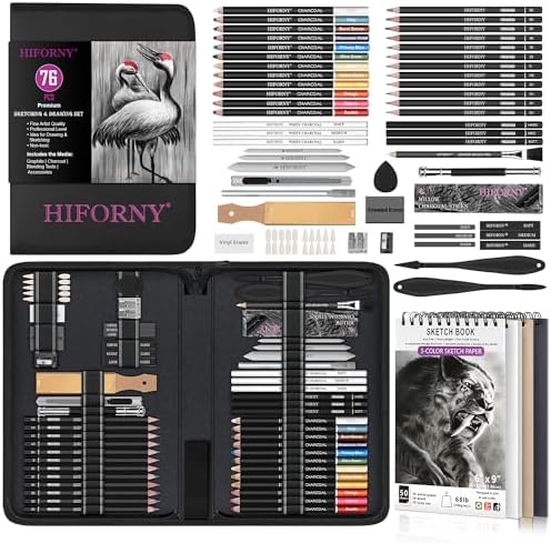 HIFORNY 76 PCS Drawing Set Sketching Kit,Sketch Pencils Art Supplies with Graphite,Charcoal,Blending Tools & Accessories,Portable Zippered Travel Case for Artists & Beginners