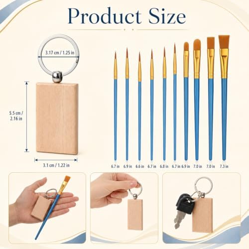 50 Pcs Unfinished Wooden Keychain Blanks Bulk with Oil Painting Brushes, 1.2 x 3.4in Rectangle Wood Laser Engraving Keychain Blanks with Key Rings for DIY Crafts Gift