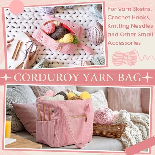Bulyoou 2 Pcs Crochet Tote and Yarn Bag Set Corduroy Yarn Holder,Pink