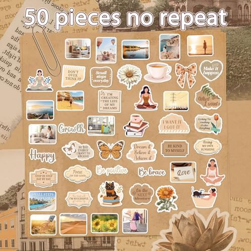 50 Pcs Vision Board Stickers for Women, Positive Affirmation Stickers for Vision Board Supplies Kit, Inspirational Quote Journey Decal Sticker for Adults Teens Planner Accessories (Brown)