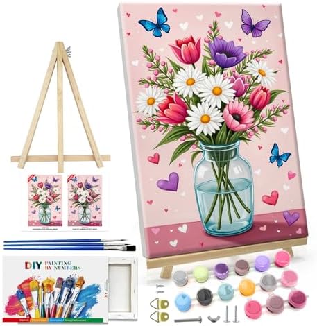 ATDMS Paint by Numbers Kit for Adults with Easel Flowers Paint by Number with Frame Floral Paint by Number with Easel DIY Acrylic Oil Painting Kits for Gift Home Wall Decor 8x12 Inch