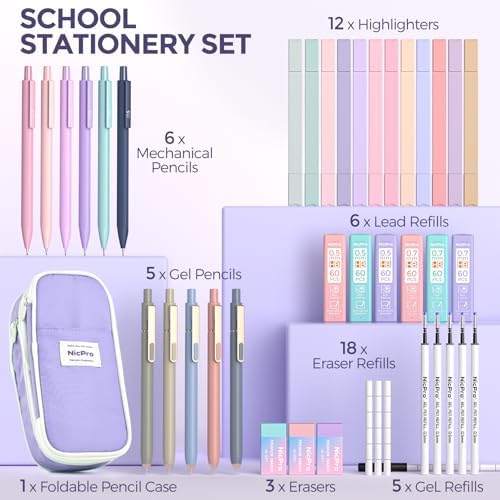 Nicpro School Supplies Stationary Set with Pencil Case, 39 PCS Purple