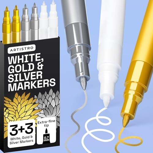 ARTISTRO White, Gold & Silver Acrylic Paint Pens – 0.7mm Extra Fine Tip Paint Pens for Crafts, Greeting Cards, Ornament Decor, Rock Painting, DIY Art