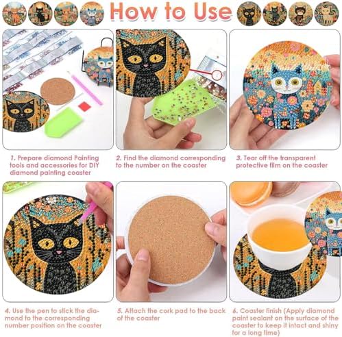 ijbnhd 8 PCS Diamond Art Coasters Kit Cat Diamond Painting Coasters