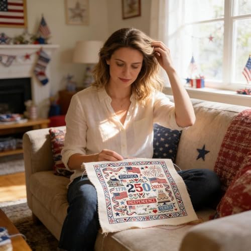USA 250th Anniversary Cross Stitch Kit 9.8 x 9.8 Inch, 1776-2026 Patriotic Embroidery Kit for Beginners Adults, DIY 4th of July Patriotic Needlepoint Set with Threads Needle Wall Decor Craft Gift