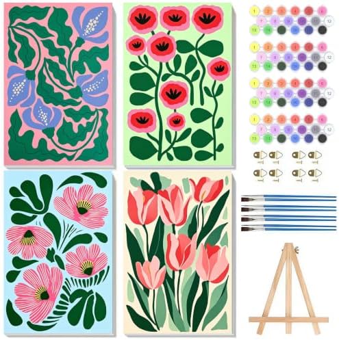4 Pack Framed Flowers Paint by Numbers Kits for Adults with Easel (8x12in)