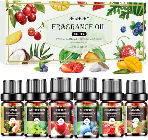 Fruity Essential Oils Set - 6x10ML Fruit Fragrance Oil for Diffuser, Aromatherapy, Candle Making - Strawberry, Cherry, Blueberry, Mango, Coconut, Watermelon Scented Oil
