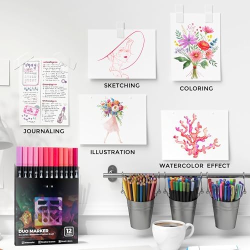 Pink Duo Tip Marker Pens, 12 Fine & Brush Tip Pen For Adult Coloring Books