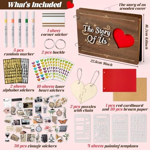 CY2SIDE Couples Photo Album Scrapbook - 111PCS The Story of Us Wooden Scrapbook Craft Kit with Heart Puzzle Brown Paper Sticker and Template for DIY, Romantic Anniversary Dating Gift for Him Her