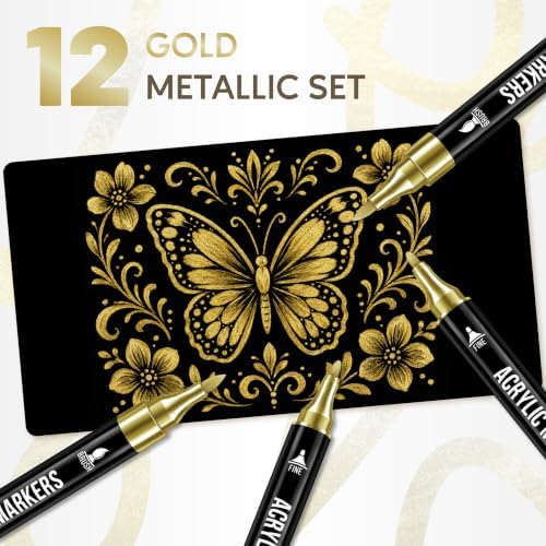 Pagather Gold Acrylic Paint Markers, 12 Dual Tip with Fine Tip and Brush Tip Pens for Fabric, Stone, Wood, Canvas, Ceramic, Metal, Glass, Rock Painting, DIY Crafts