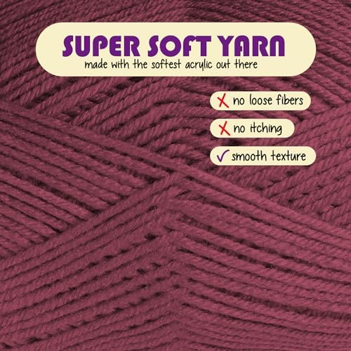 Acrylic Yarn for Crocheting & Knitting – Soft Crochet Yarn for Crocheting, 3 Pack of 370 Yards, Perfect for Crafts & Amigurumi, Medium Worsted Weight 4, Berry