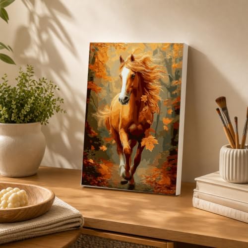 Spandrel Framed Paint by Numbers Horse Kit for Adult, Autumn Adult Paint by Number Kits on Canvas, DIY Acrylic Oil Easy Fall Painting by Numbers Thanksgiving for Home Wall Decor, 8x12in