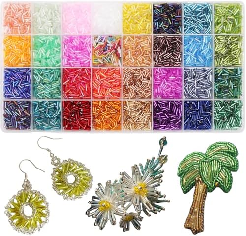 EuTengHao 9600Pcs Tube Beads Kit 7mm Glass Bugle Seed Beads for Jewelry Making Embroidery & Home Decoration (32 Vibrant Colors)